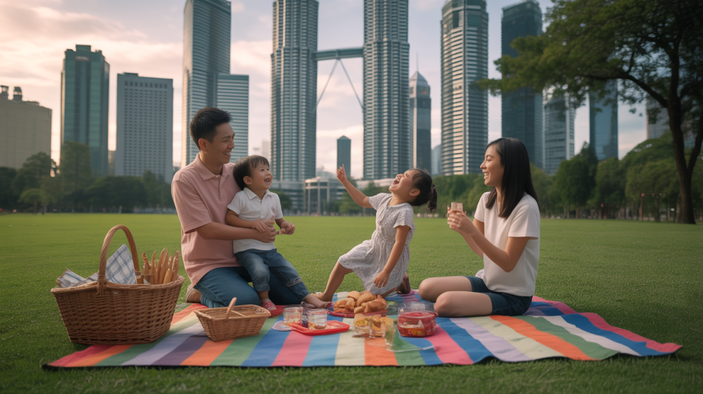Family picnic in city skyline, enjoying food and laughter on a sunny day.
