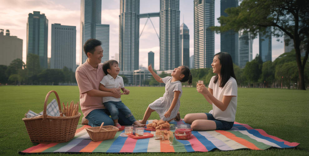 Family picnic in city skyline, enjoying food and laughter on a sunny day.