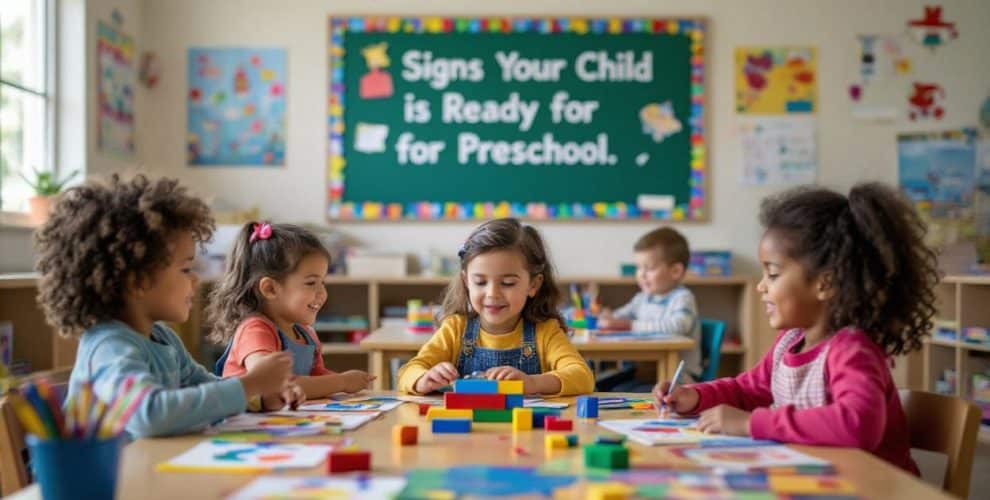 Preschool classroom filled with children playing, learning, and exploring creativity with colorful blocks.