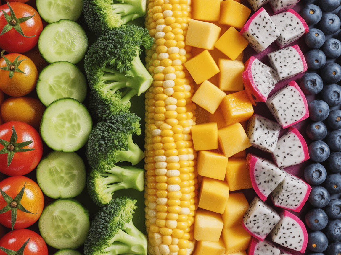 Rainbow rows of toddler-friendly fruits and vegetables ready for sorting games
