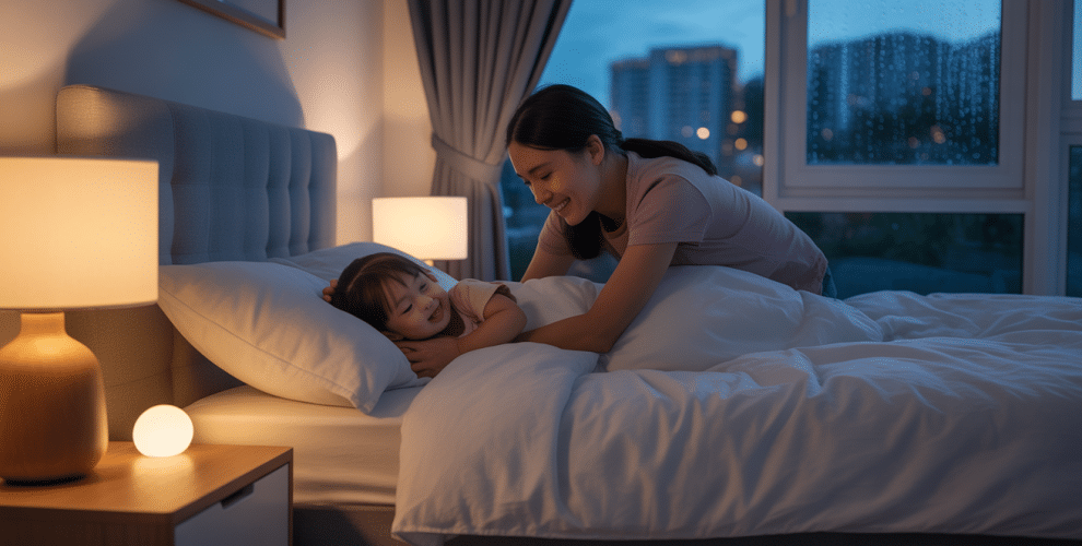Cozy mother-child bedtime scene in a warm, serene bedroom with gentle lighting.