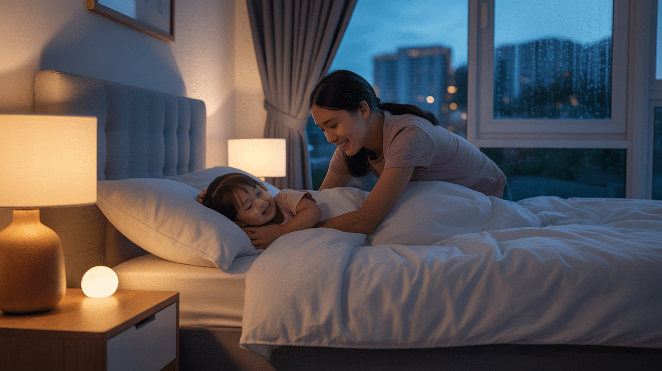 Malaysian parent tucking a preschooler into bed in a calm, softly lit KL bedroom