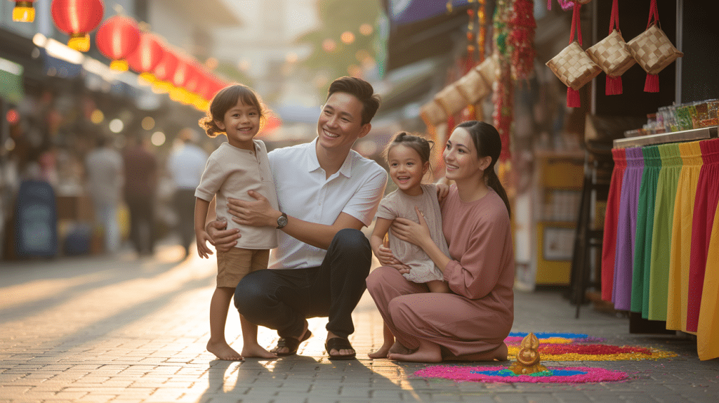 Joyful family in vibrant marketplace celebrating culture with colorful decorations and warm sunlight.