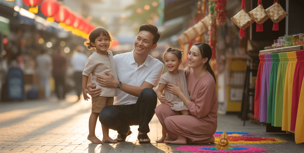 Joyful family in vibrant marketplace celebrating culture with colorful decorations and warm sunlight.