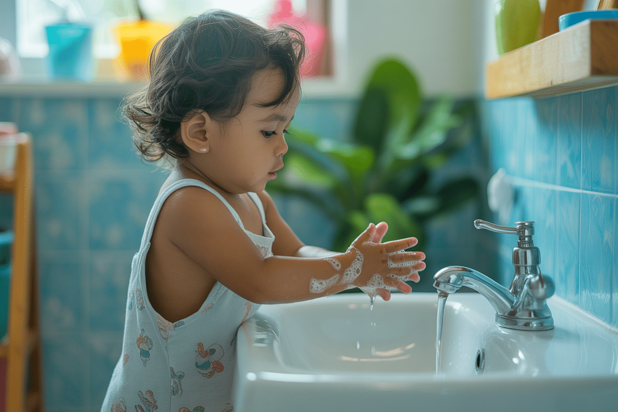 Toddler washing hands at a small sink with soap and towel nearby