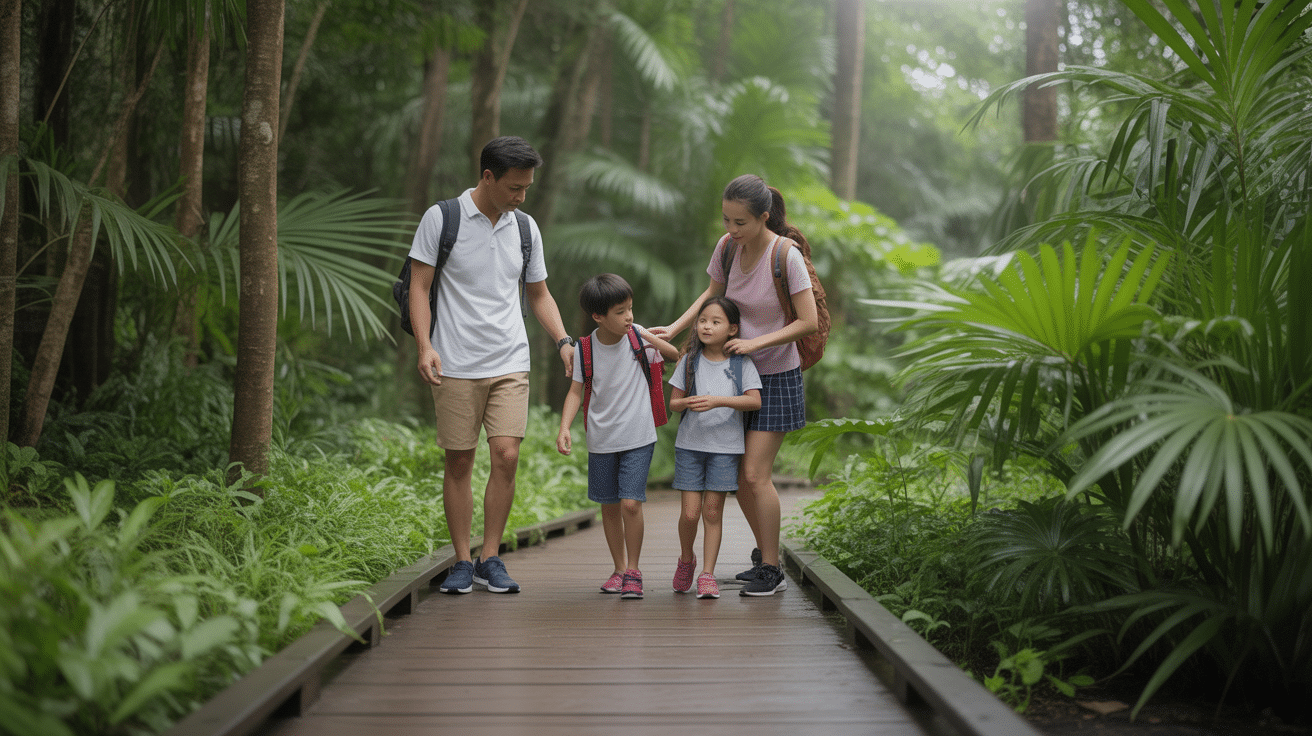 Family pausing in a quieter green space representing stepping away to reset