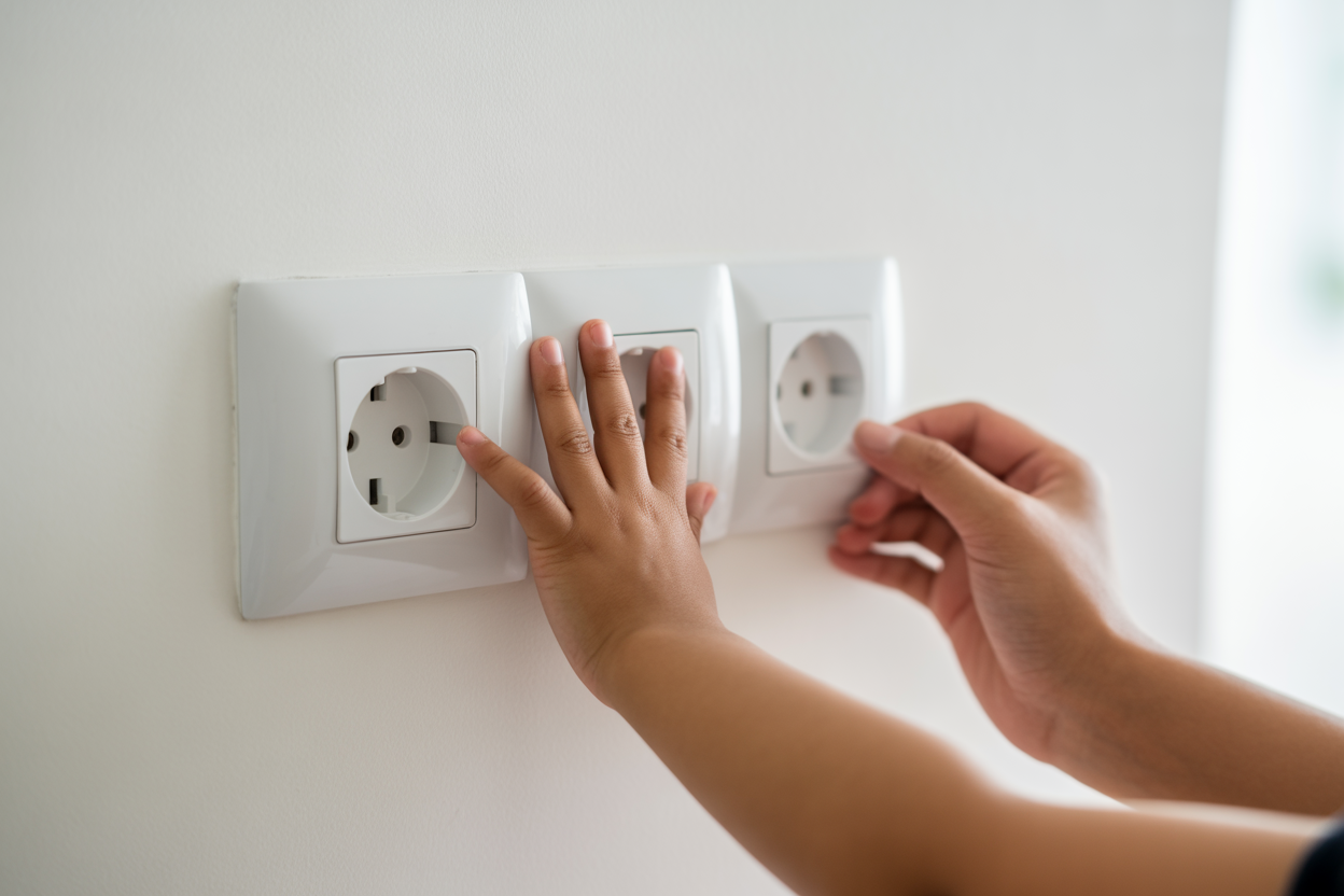 Parent installing plug socket covers with toddler nearby