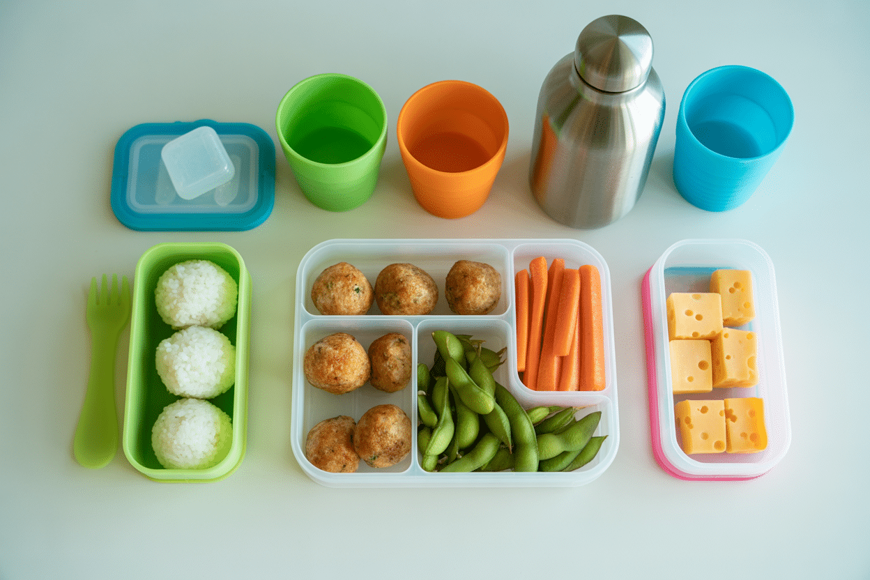 Top-down view of simple trays: pouring jugs, sorting cups, small tongs, and a mat