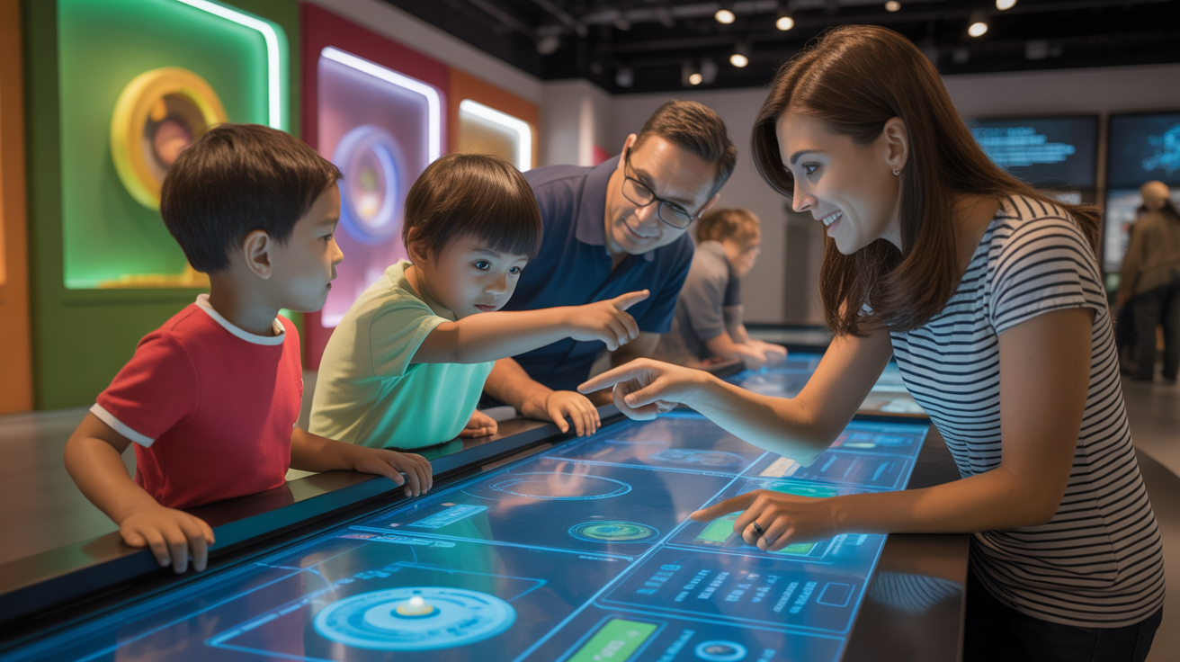 Family interacting with colorful hands-on exhibits at Petrosains