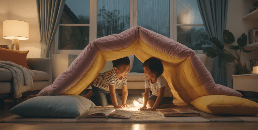 Children playing in a cozy indoor fort made of cushions and blankets during a rainy evening.