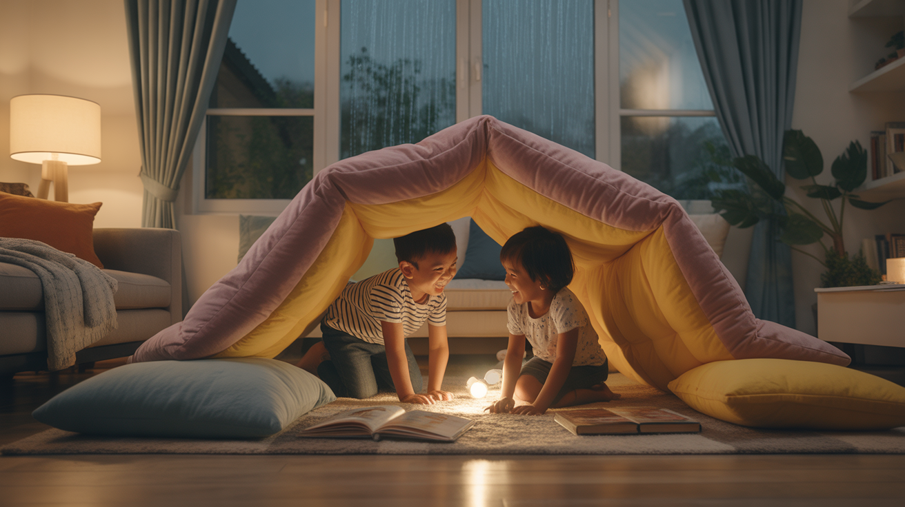 Parent and preschooler building a cozy pillow fort at home while it rains outside