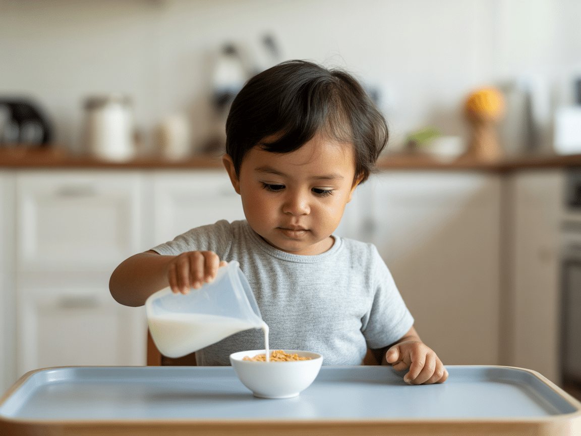 Child pouring milk into cereal—practical life linked to language and sequencing