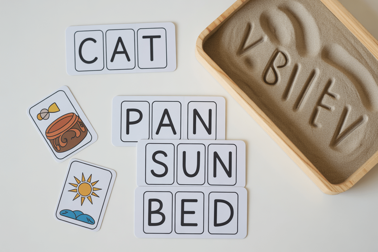 CVC word cards with picture tokens and a sand tray for tracing letters