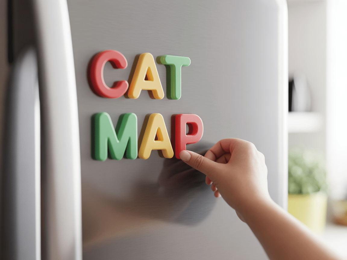 Magnetic lowercase letters building simple words on a fridge