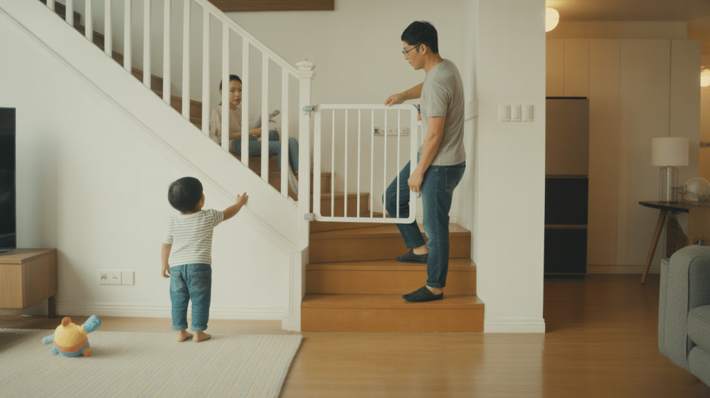 Child safety gate on staircase, family interaction, cozy home atmosphere, nurturing parenting moments.