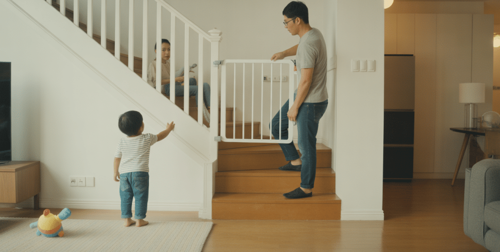 Child safety gate on staircase, family interaction, cozy home atmosphere, nurturing parenting moments.