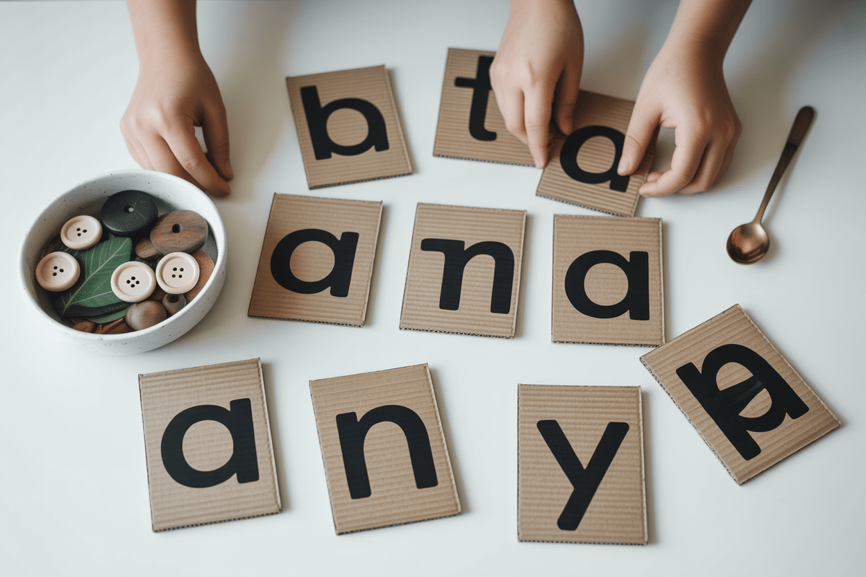 DIY cardboard letter cards with small objects that match initial sounds