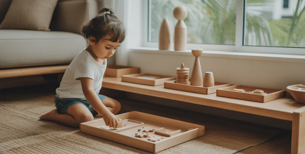 Cozy playroom with a girl engaging in educational wooden toys and natural light.