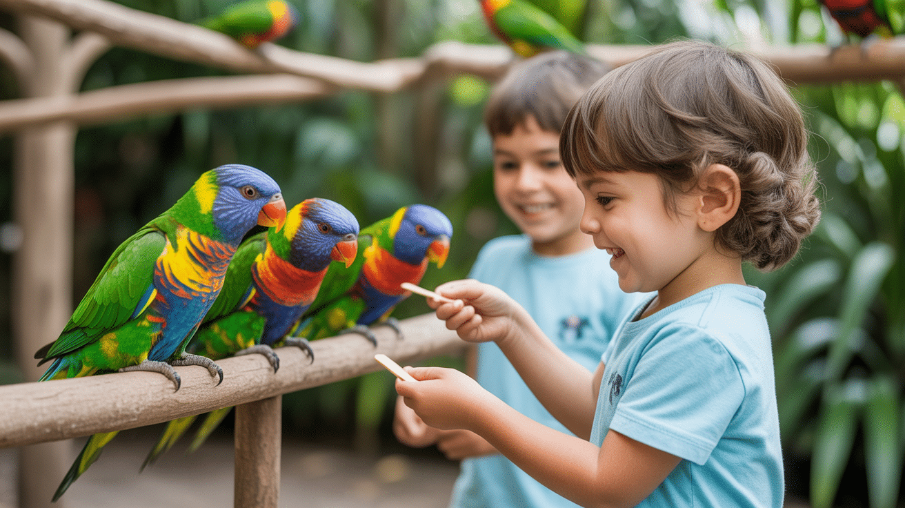 Child gently feeding lorikeets inside KL Bird Park
