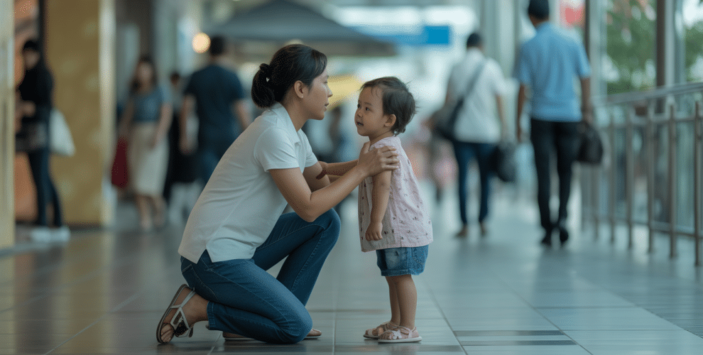 Woman interacts with child in shopping mall, showcasing nurturing parent-child connection and joy.