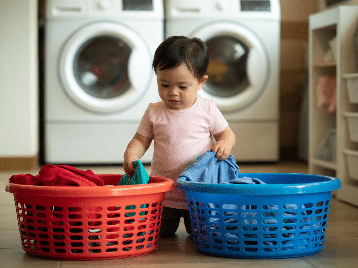 Toddler sorting laundry into color baskets—practical math in daily life