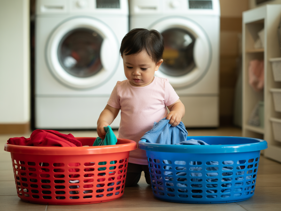 Toddler sorting laundry into baskets