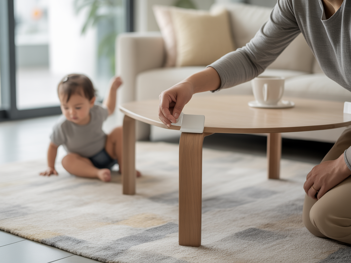 Parent attaching corner guards to a low coffee table; toddler on rug