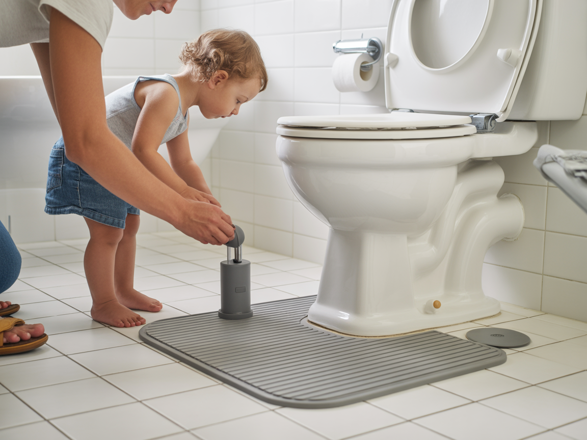 Parent installing non-slip bath mat and a toilet lid lock