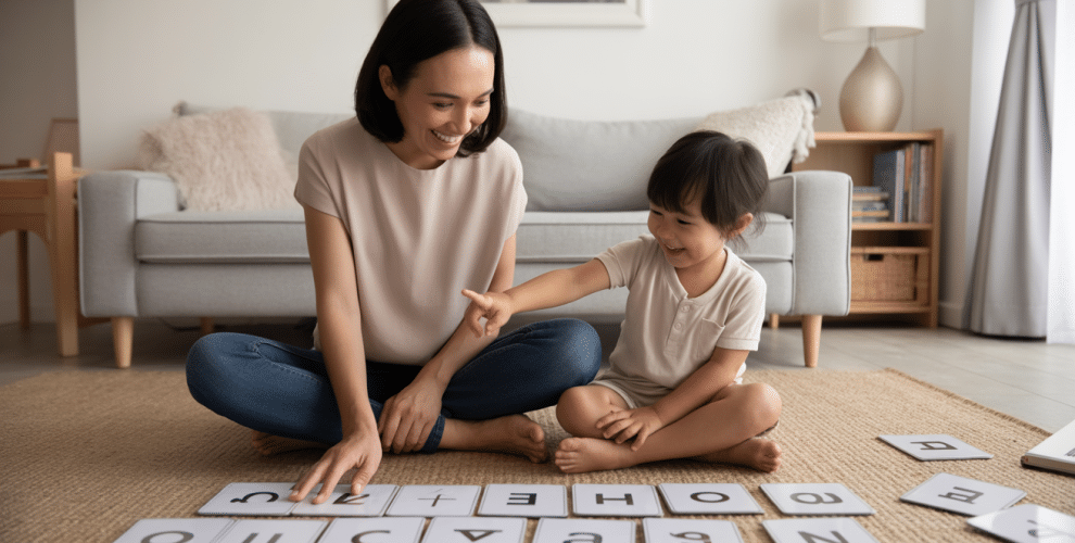 Parent and child engaging in interactive learning with letters and numbers in a cozy living room.