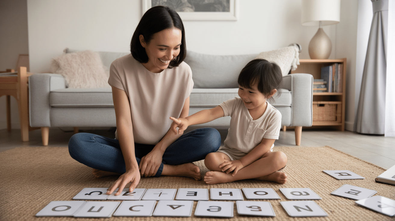 Malaysian parent and preschooler pointing at letter cards on a rug in a KL living room