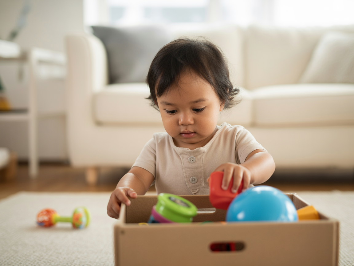 Toddler tidying up toys into a box