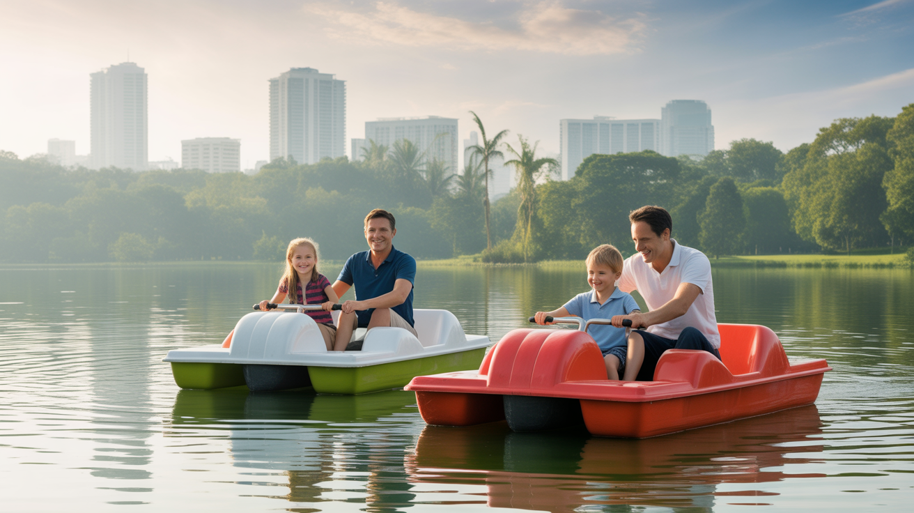 Families riding pedal boats on the lake at Titiwangsa Gardens
