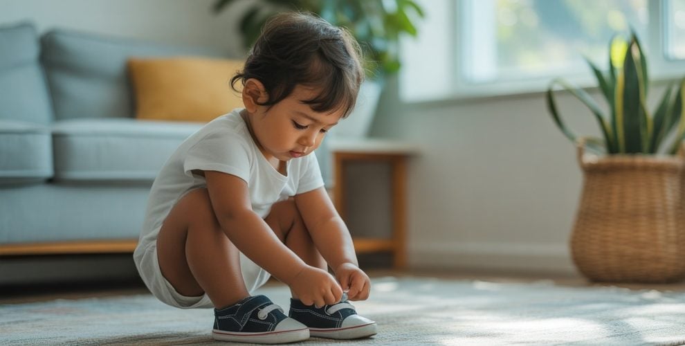 Young child focused on putting on vibrant shoes in a cozy indoor space.