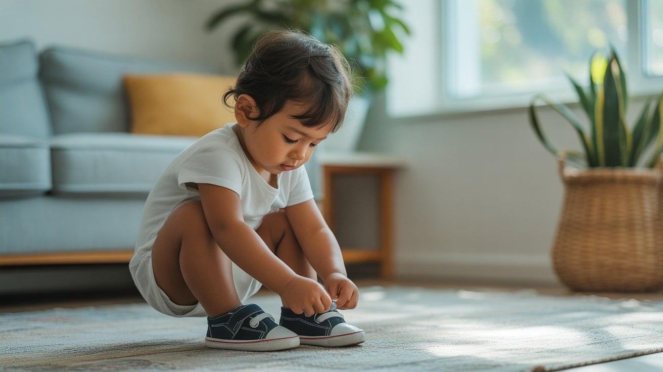 Young child focused on putting on vibrant shoes in a cozy indoor space.