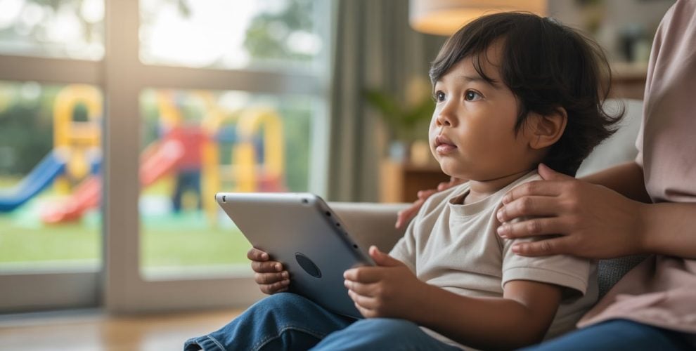 Child focused on tablet indoors, with sunlight and playground visible outside, highlighting modern parenting.