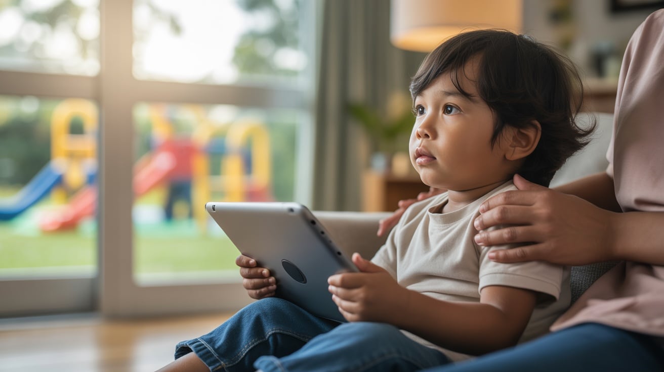 Child focused on tablet indoors, with sunlight and playground visible outside, highlighting modern parenting.