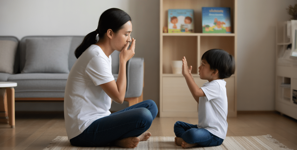 Mother and child engage in playful learning on a cozy rug in a modern living room.
