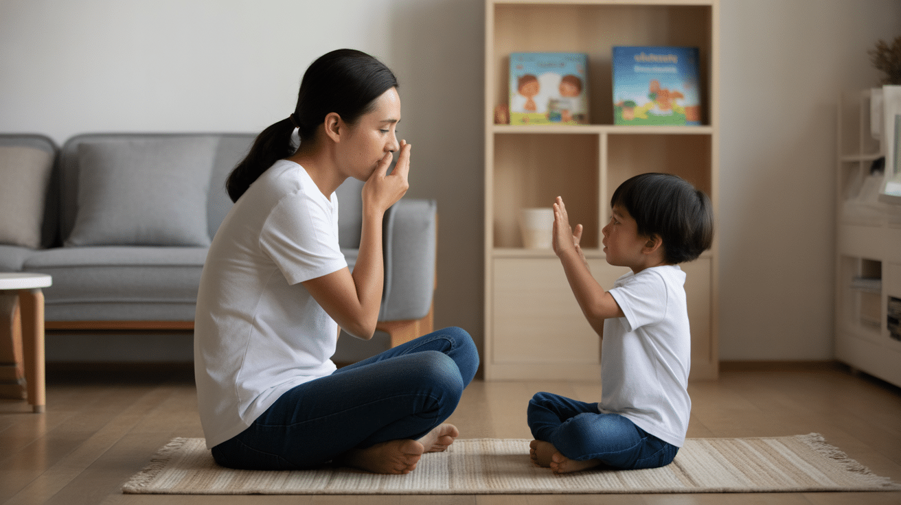 Malaysian parent and preschooler practicing a calm breathing routine in a KL apartment