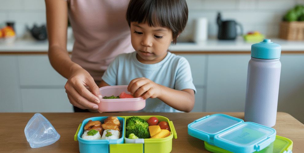 Child preparing a colorful, healthy lunchbox with nutritious food in a cozy kitchen.