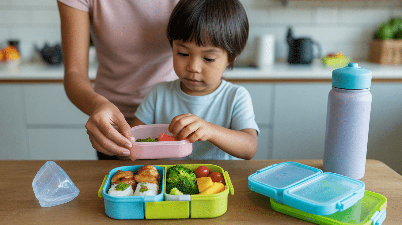 Child preparing a colorful, healthy lunchbox with nutritious food in a cozy kitchen.