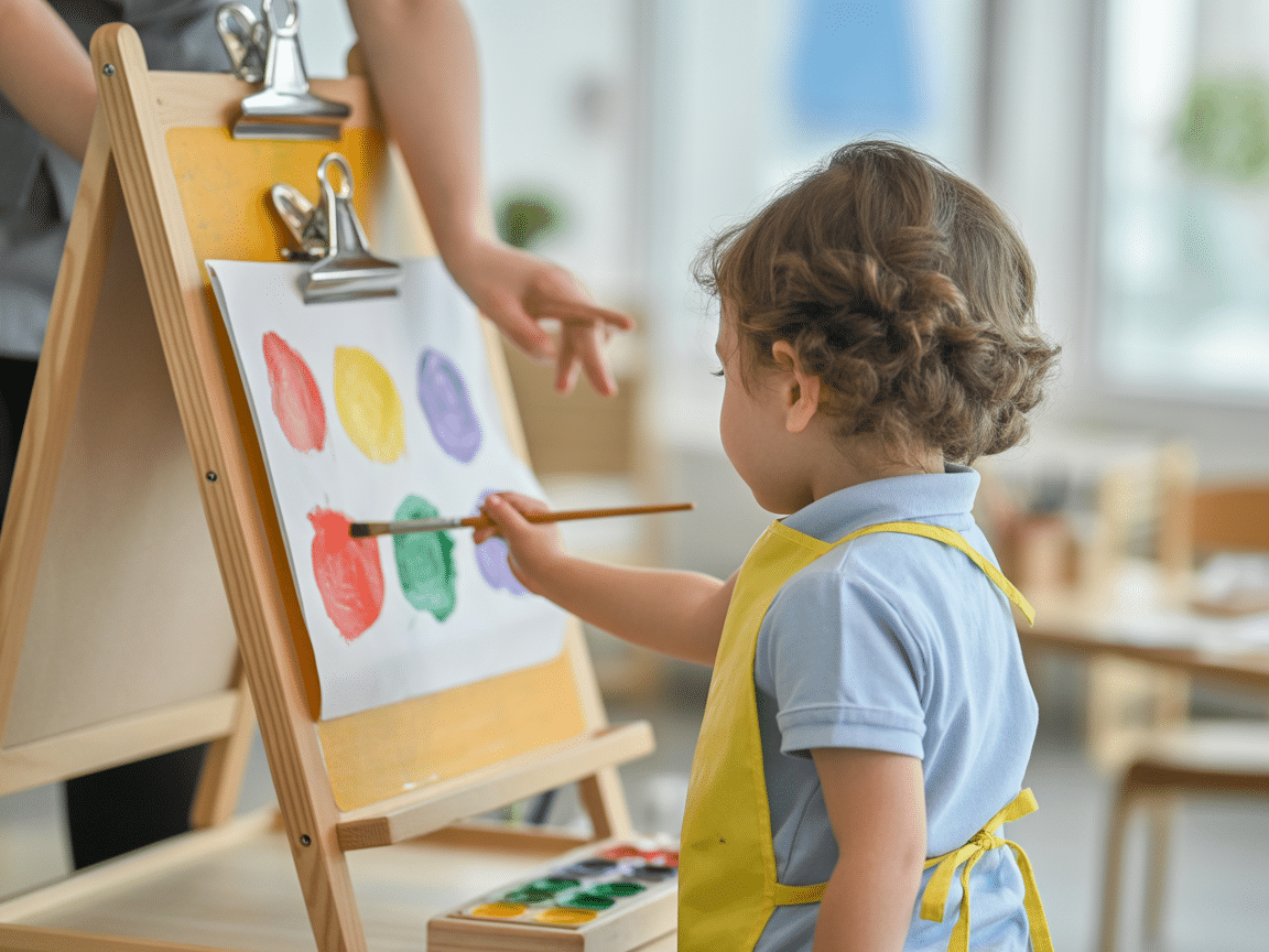 Child painting at an easel with teacher support