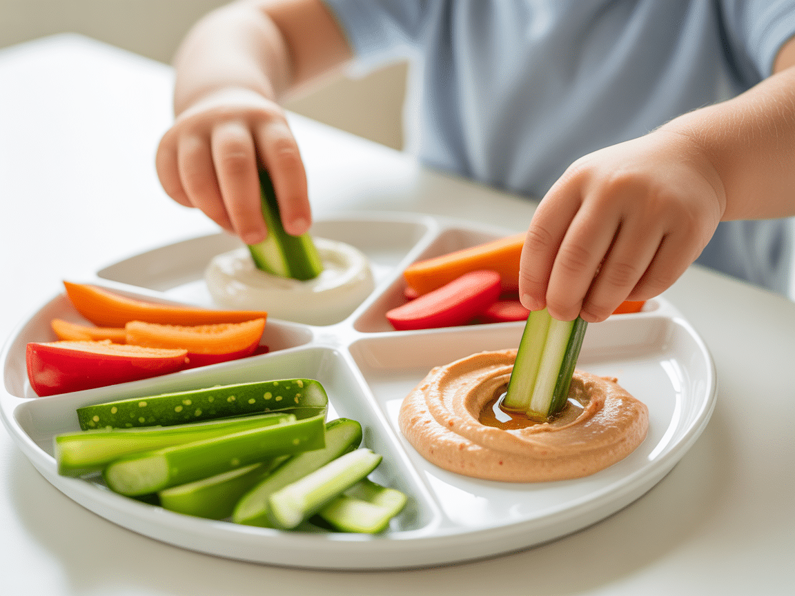 Child dipping veggie sticks into hummus and yogurt with small portions of familiar and new foods
