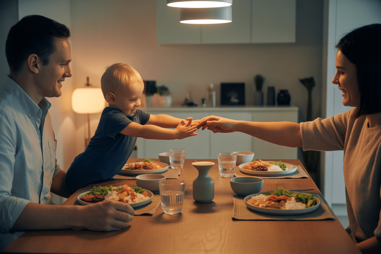 KL family dinner table with rice, veg, protein; water glasses and a small vase; family reaching hands for a brief ritual