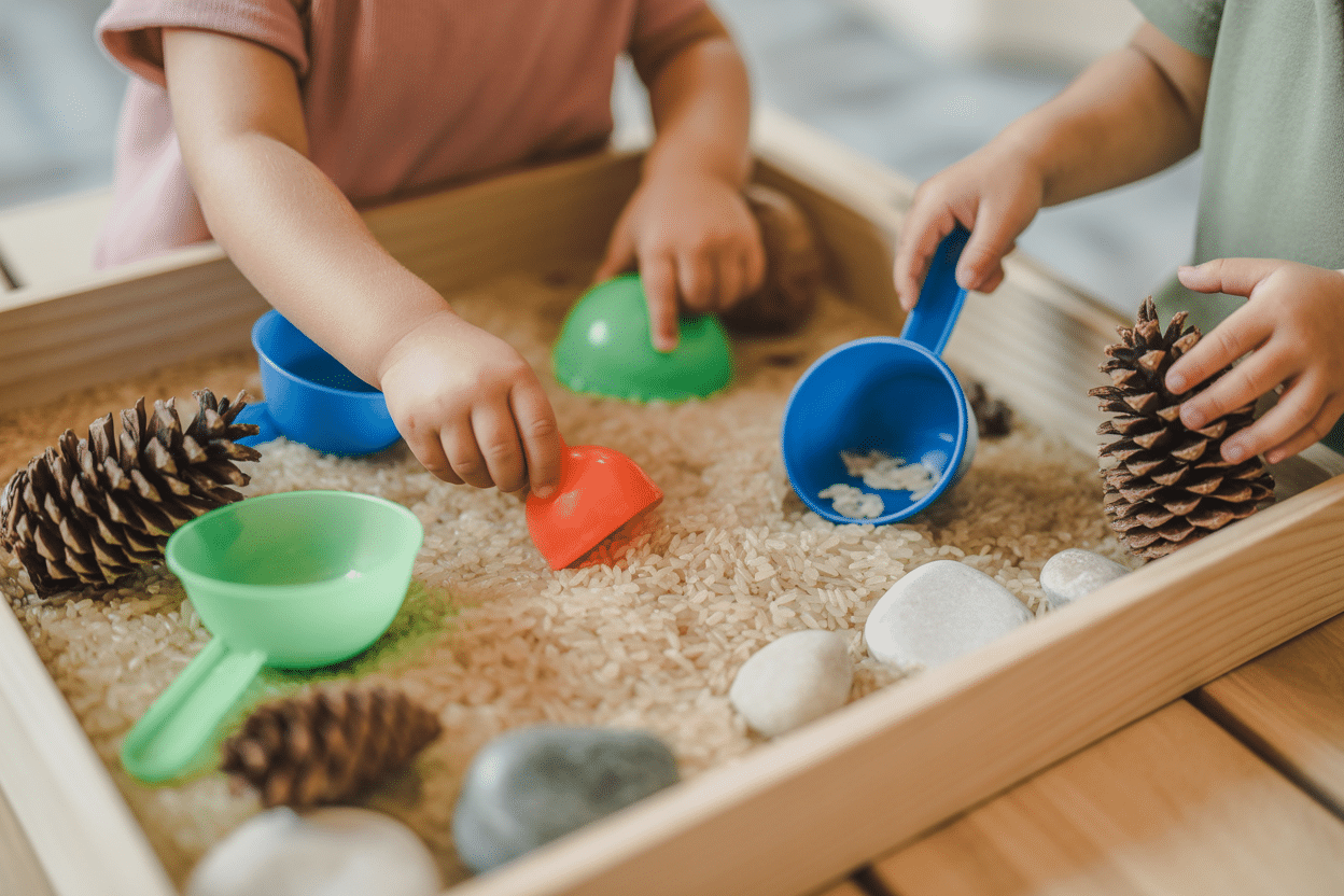 Children engage in sensory play with rice, scoops, and natural materials in a wooden tray.