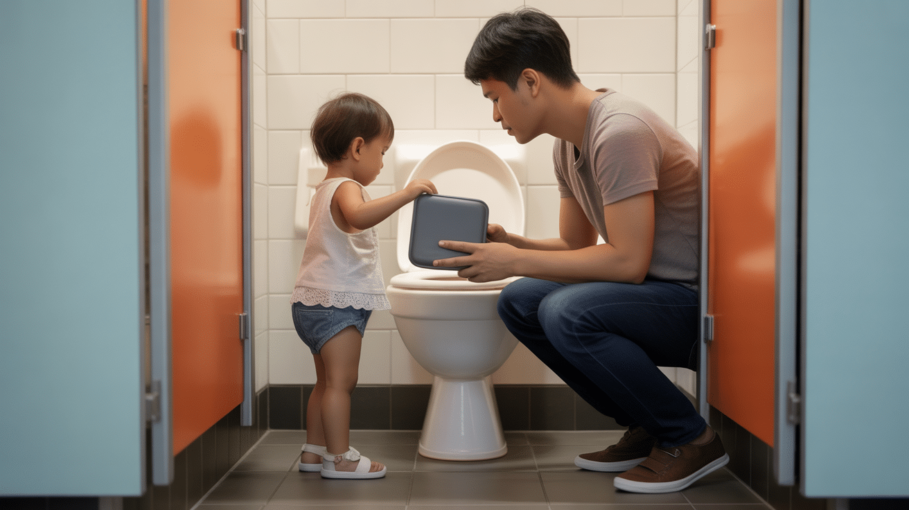 Parent and toddler in a clean family restroom stall, parent holding a compact travel seat cover