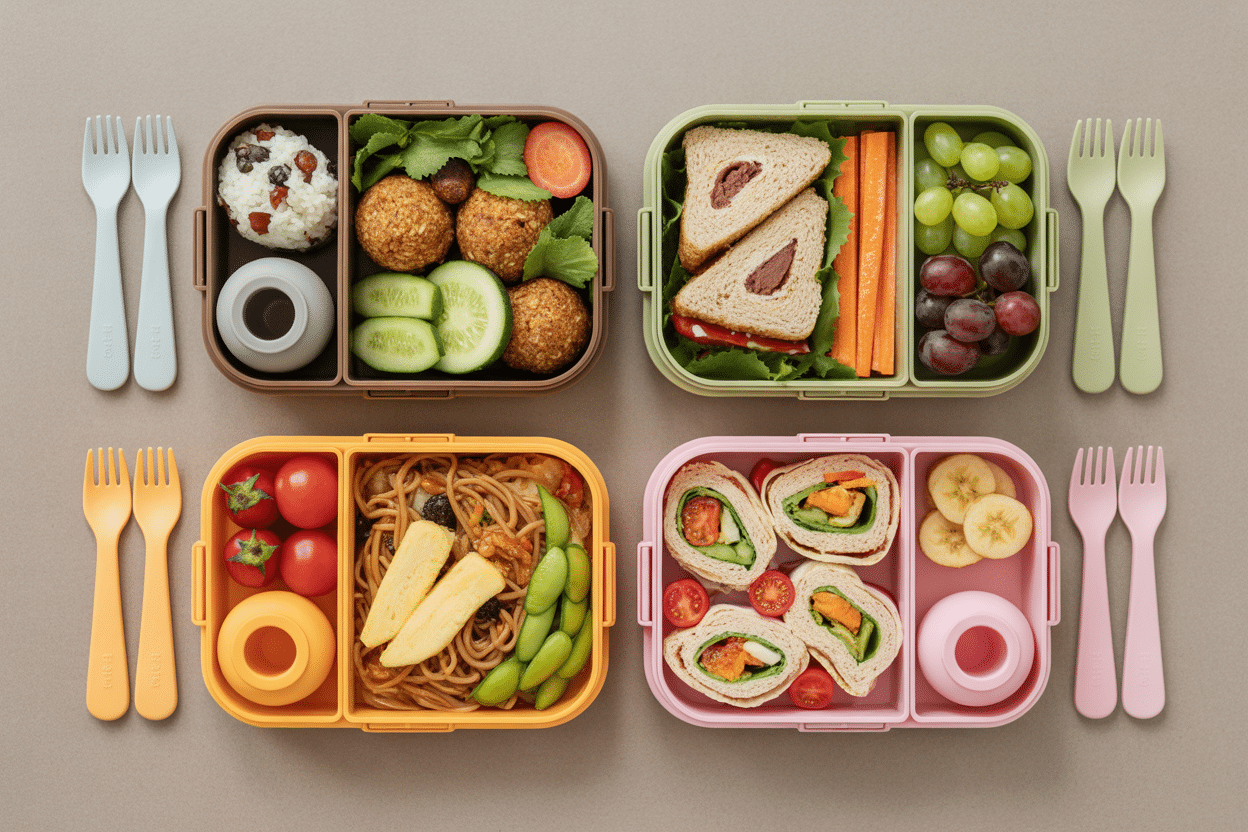 Four balanced preschool bento boxes with KL‑friendly foods arranged in compartments