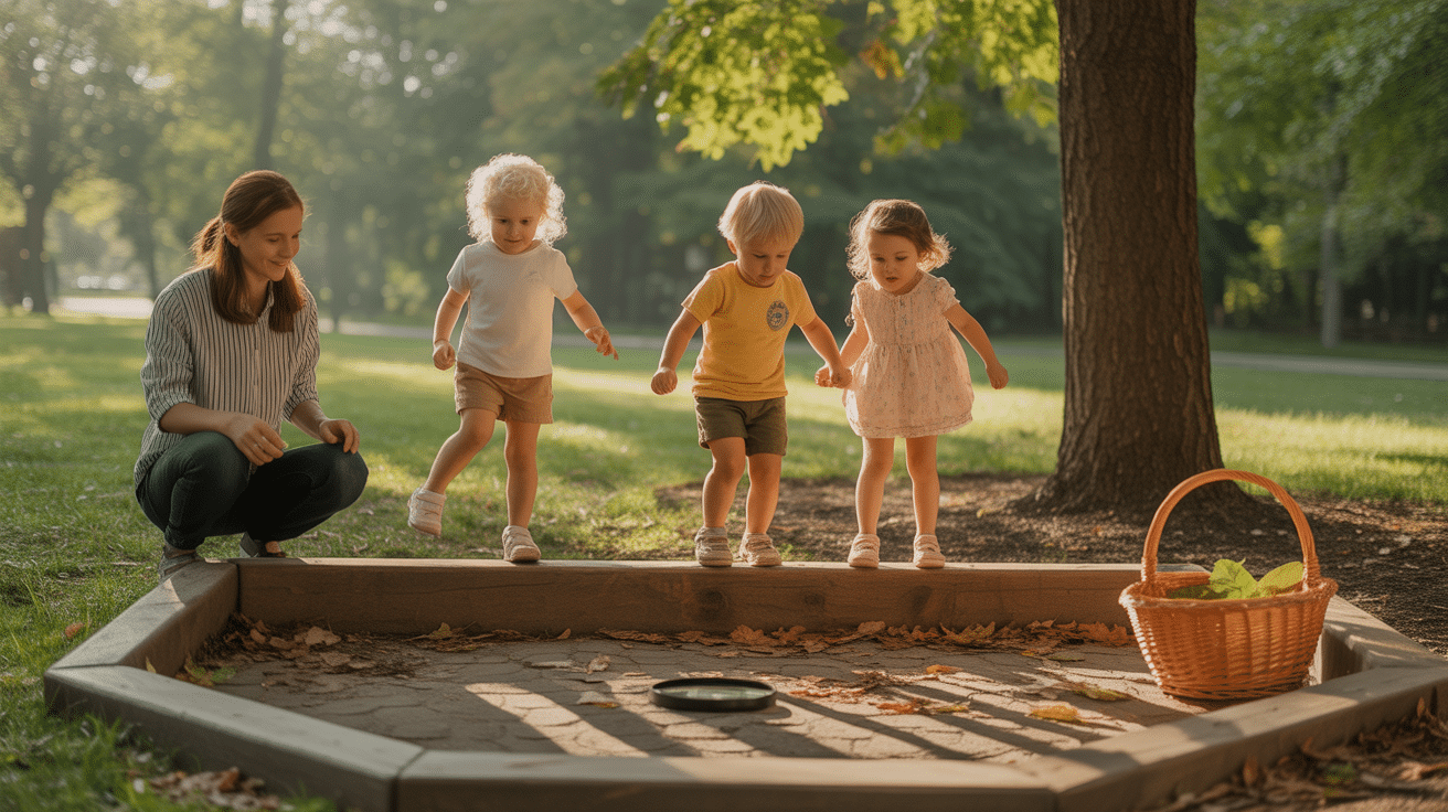 Outdoor balance play on a low log with adult spotting