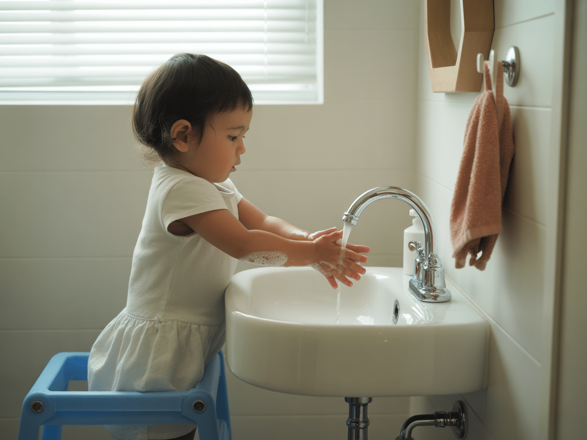 Preschooler washing hands at a low sink using a step stool in a bright condo bathroom