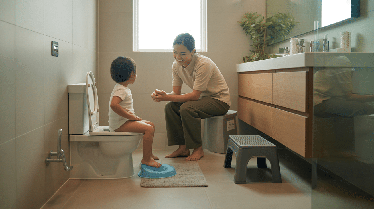 Parent supporting a toddler on a floor potty in a bright KL condo bathroom with step stool at sink