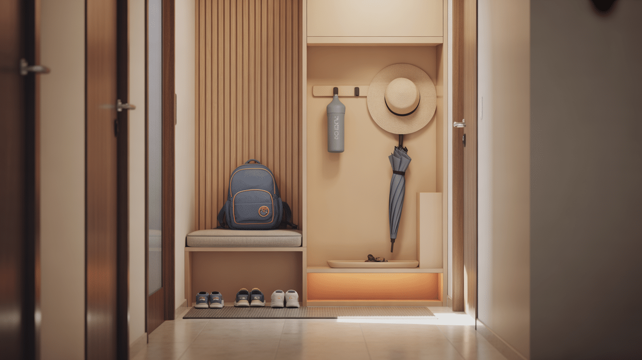 KL condo entryway with a child’s backpack, shoes, water bottle and hat on hooks, and a tidy launch‑pad bench